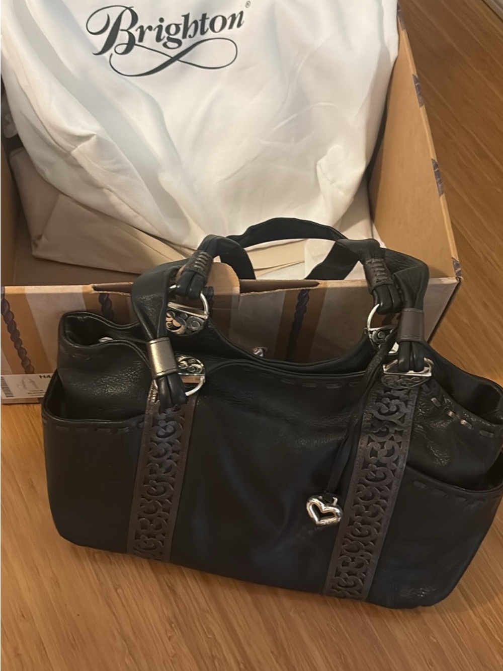 Brighton Black and Dark Brown Leather Shoulder Bag with Heart Charm